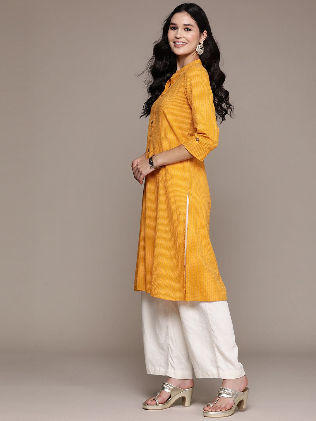 A Line Style Cotton Fabric Mustard Color Kurta