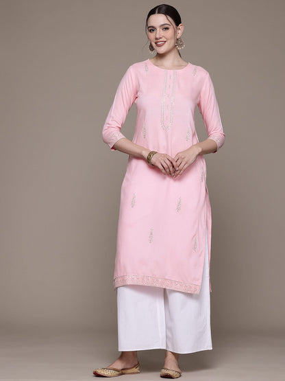 Straight style Rayon fabric Pink color kurta