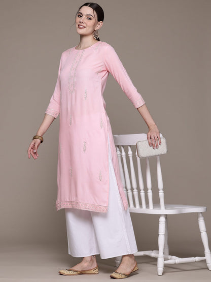 Straight style Rayon fabric Pink color kurta