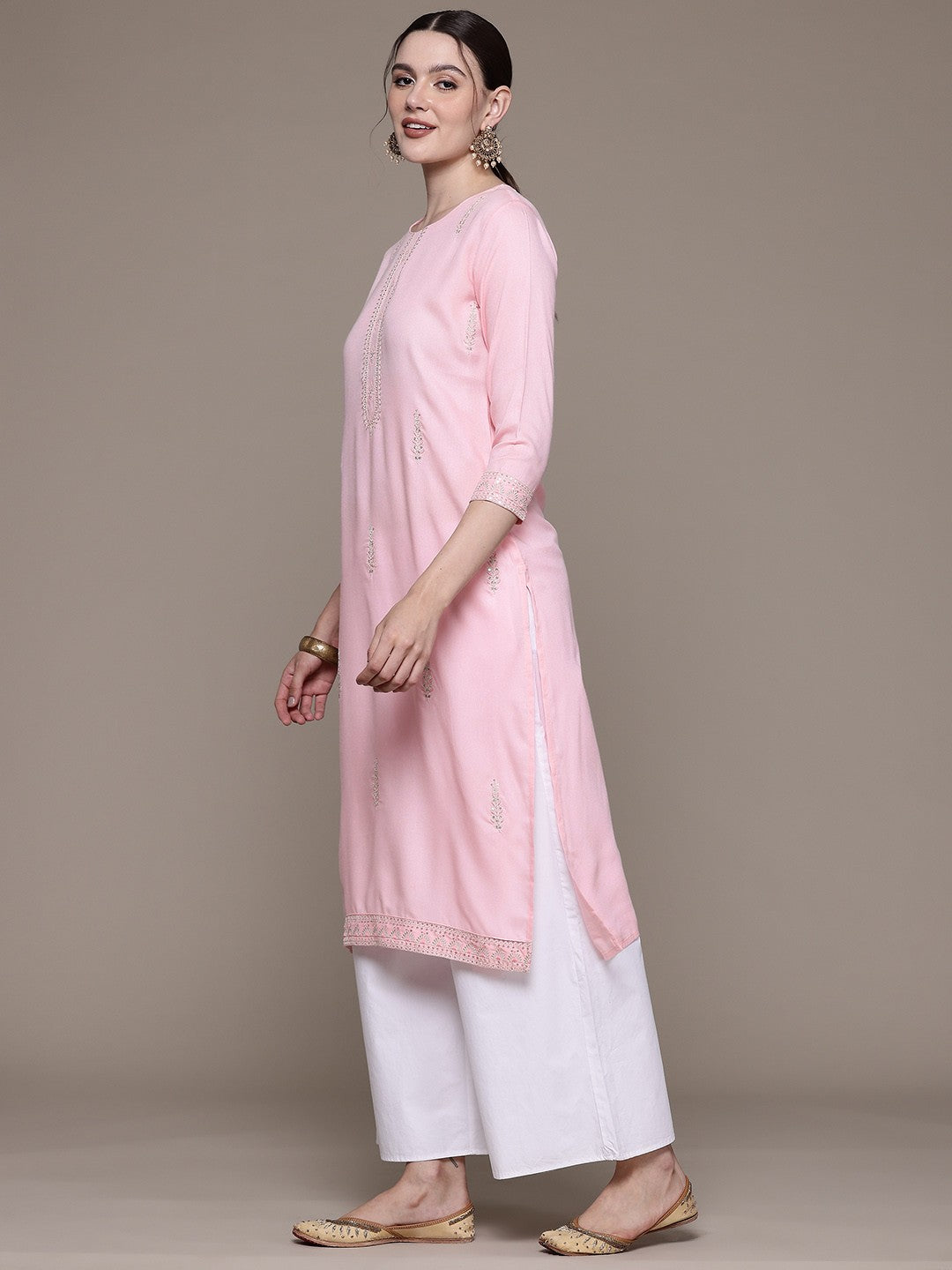 Straight style Rayon fabric Pink color kurta