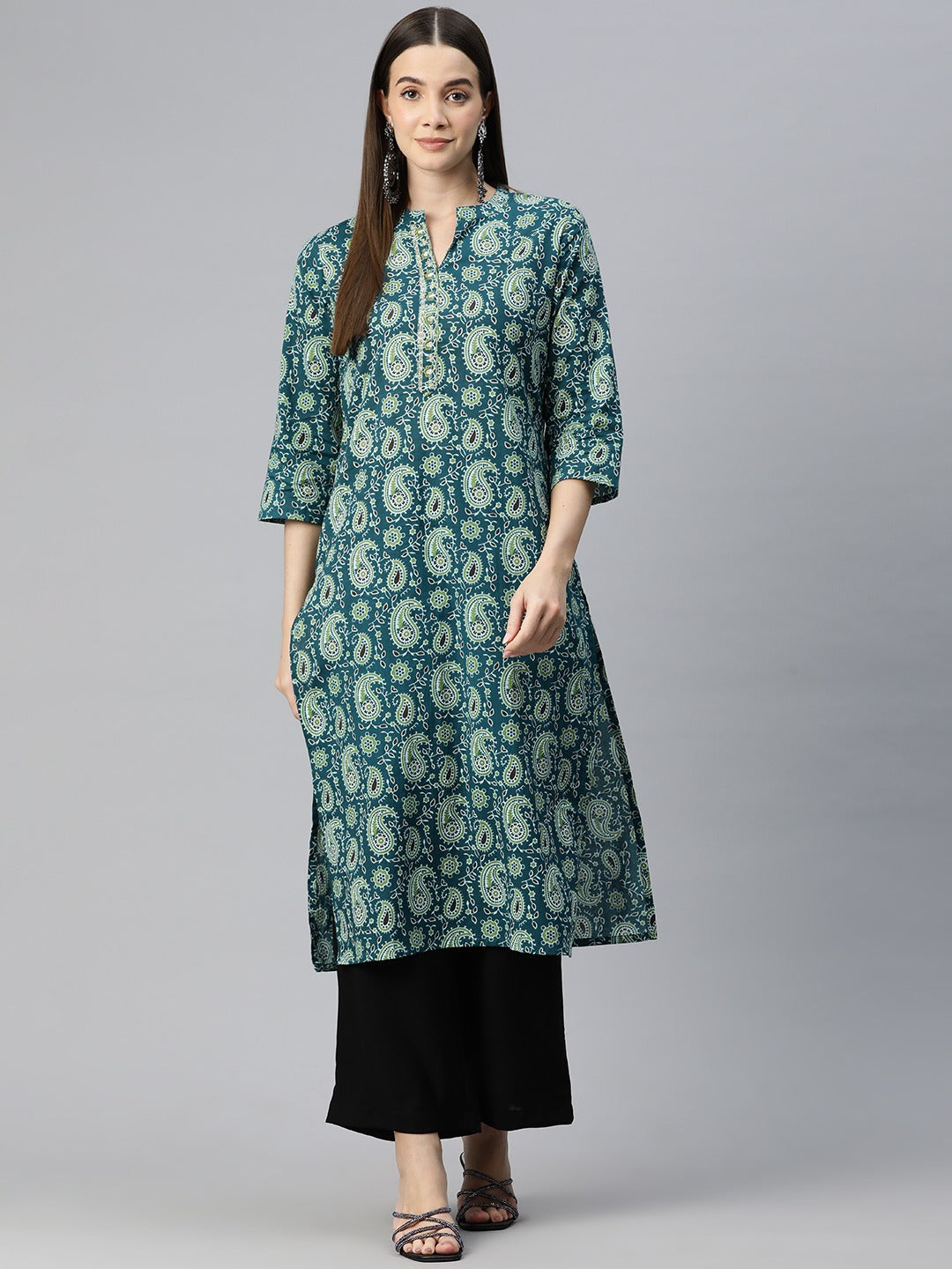 Straight Style Cotton Fabric Teal Color Kurti With Zari & Printed Work