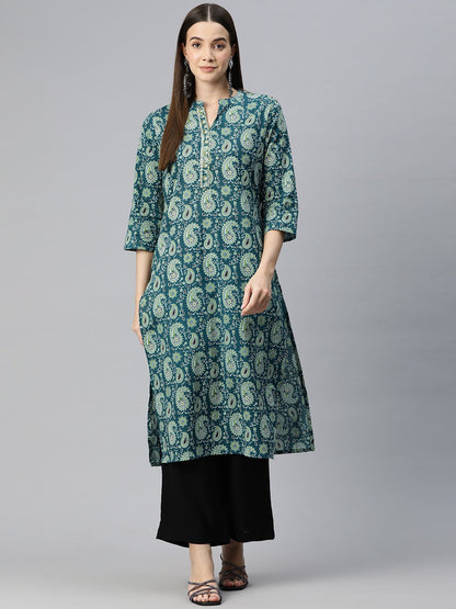 Straight Style Cotton Fabric Teal Color Kurti With Zari & Printed Work