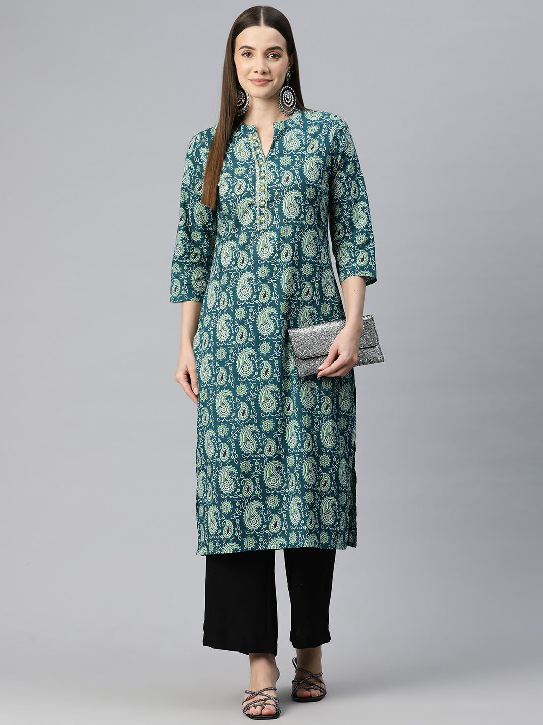 Straight Style Cotton Fabric Teal Color Kurti With Zari & Printed Work