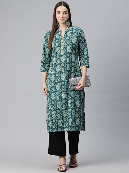 Straight Style Cotton Fabric Teal Color Kurti With Zari & Printed Work