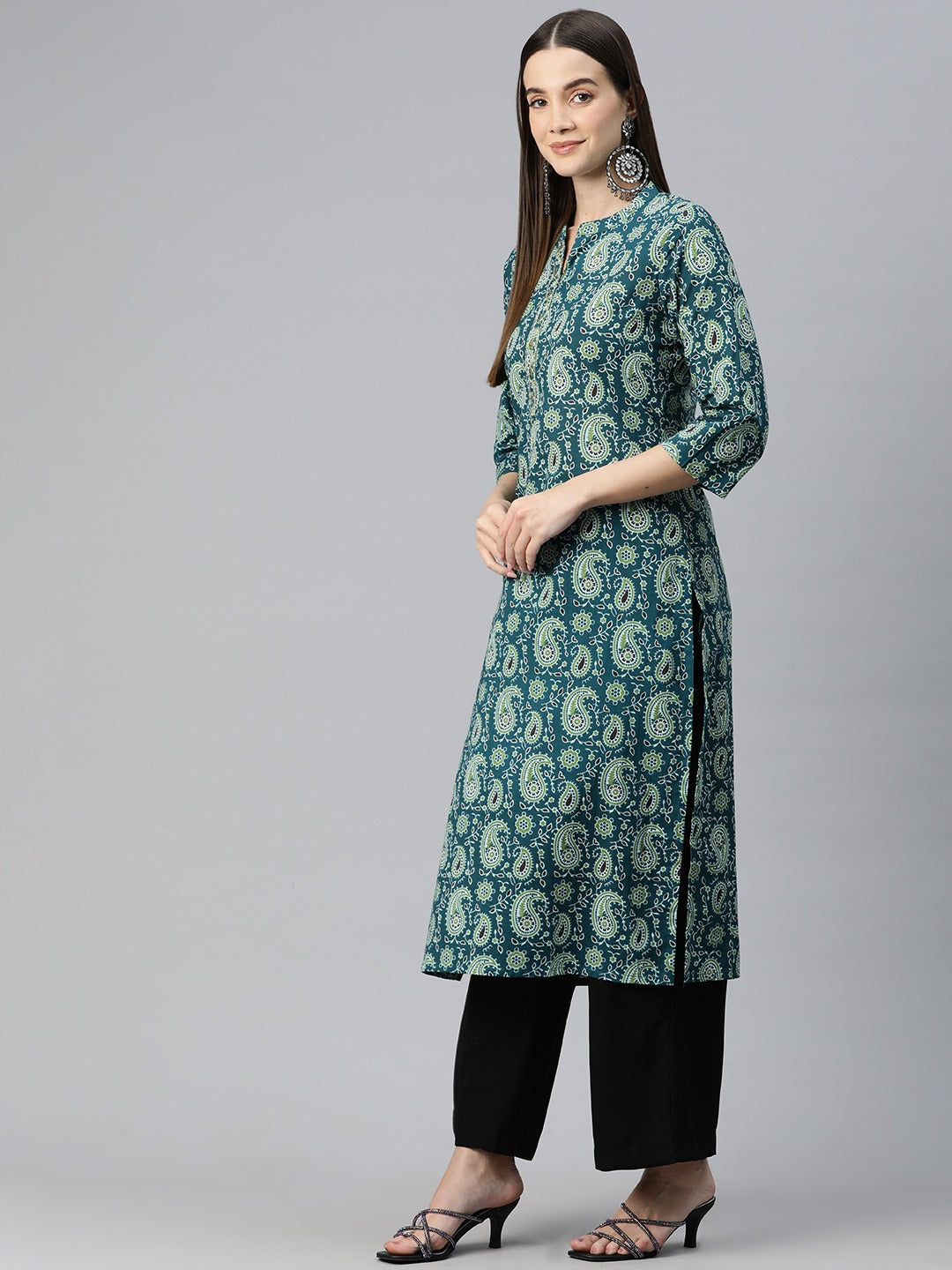 Straight Style Cotton Fabric Teal Color Kurti With Zari & Printed Work