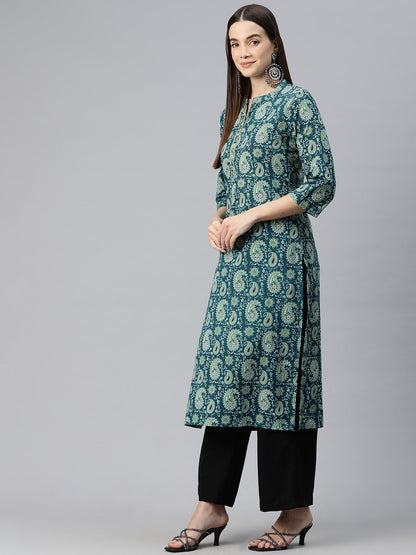 Straight Style Cotton Fabric Teal Color Kurti With Zari & Printed Work