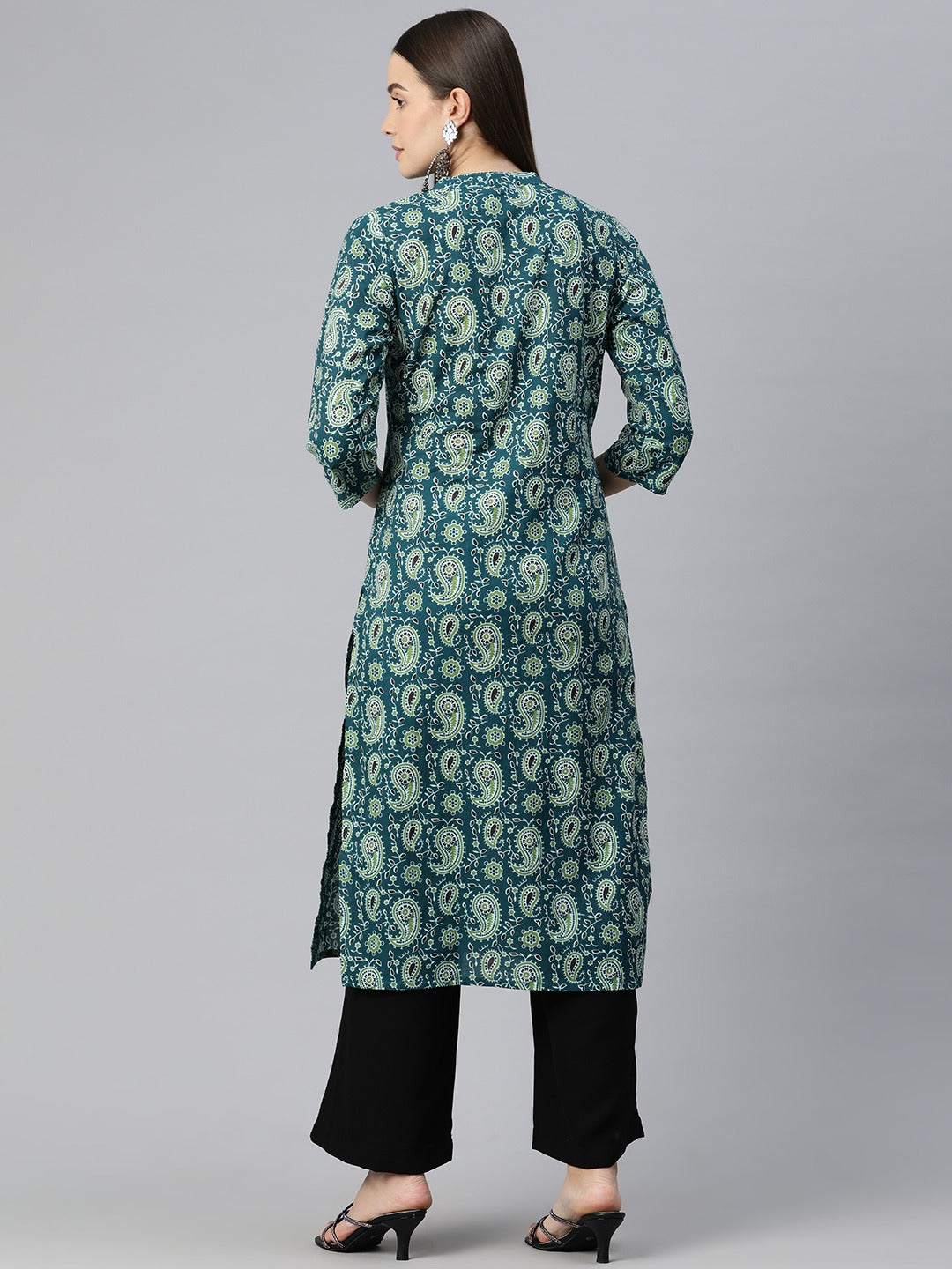 Straight Style Cotton Fabric Teal Color Kurti With Zari & Printed Work