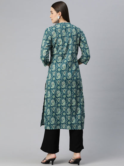 Straight Style Cotton Fabric Teal Color Kurti With Zari & Printed Work