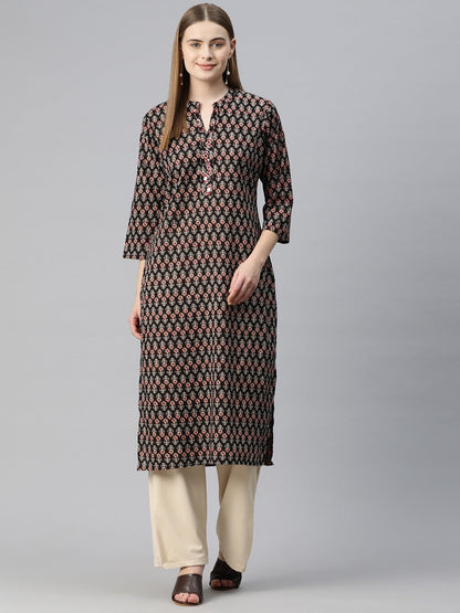 Straight Style Cotton Fabric Black Color Kurti With Mirror & Floral Printed Work