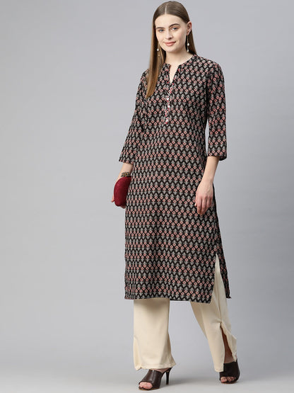 Straight Style Cotton Fabric Black Color Kurti With Mirror & Floral Printed Work