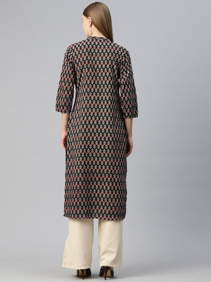 Straight Style Cotton Fabric Black Color Kurti With Mirror & Floral Printed Work