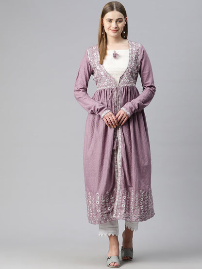 Anarkali Style Kurti Cotton Fabric & Mauve Color Shrug With Embroidered Work
