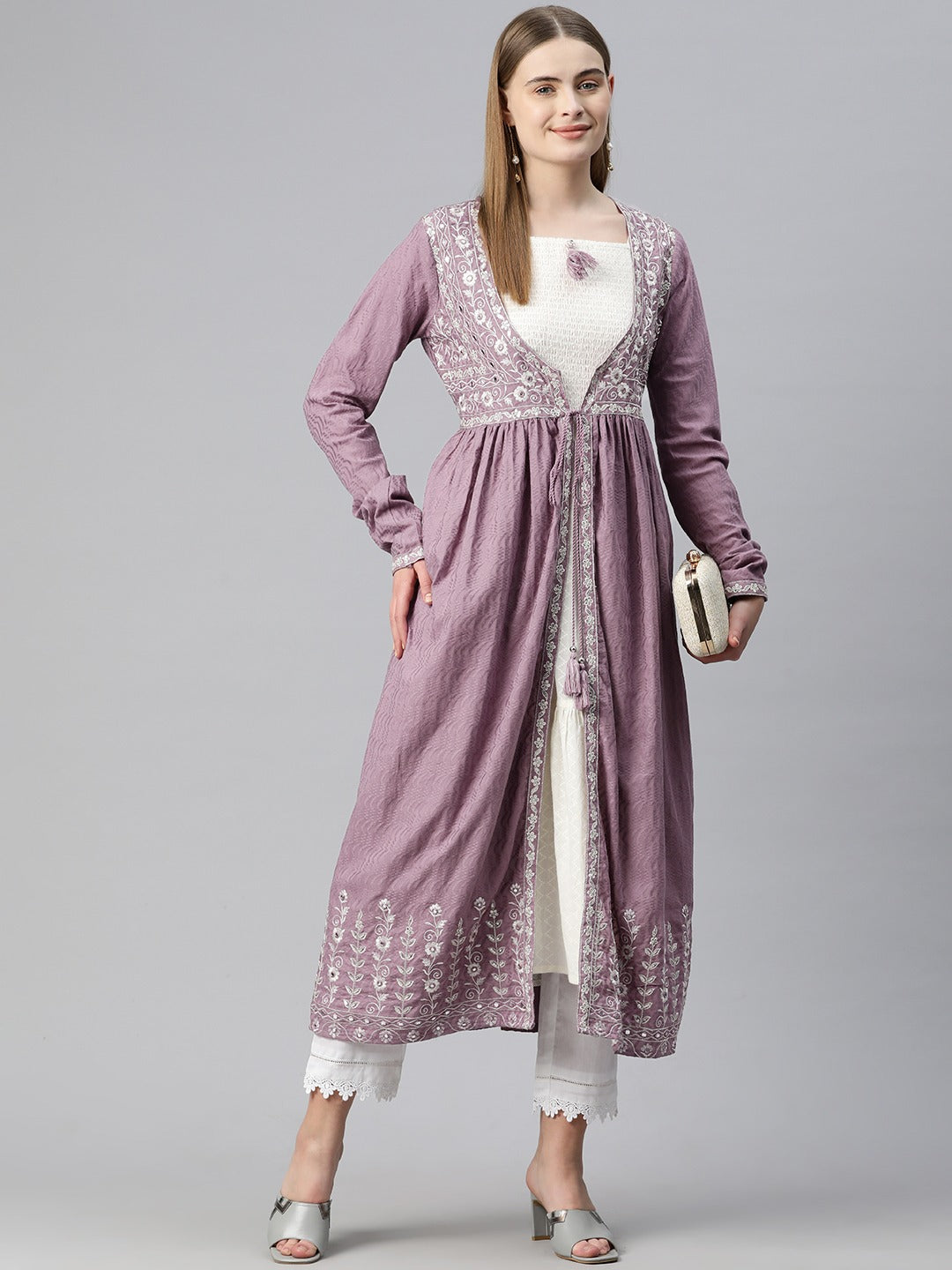Anarkali Style Kurti Cotton Fabric & Mauve Color Shrug With Embroidered Work