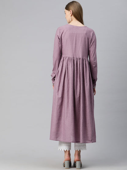 Anarkali Style Kurti Cotton Fabric & Mauve Color Shrug With Embroidered Work
