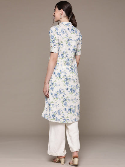 A Line Style Cotton Fabric Blue Color Kurti With Floral Printed Work