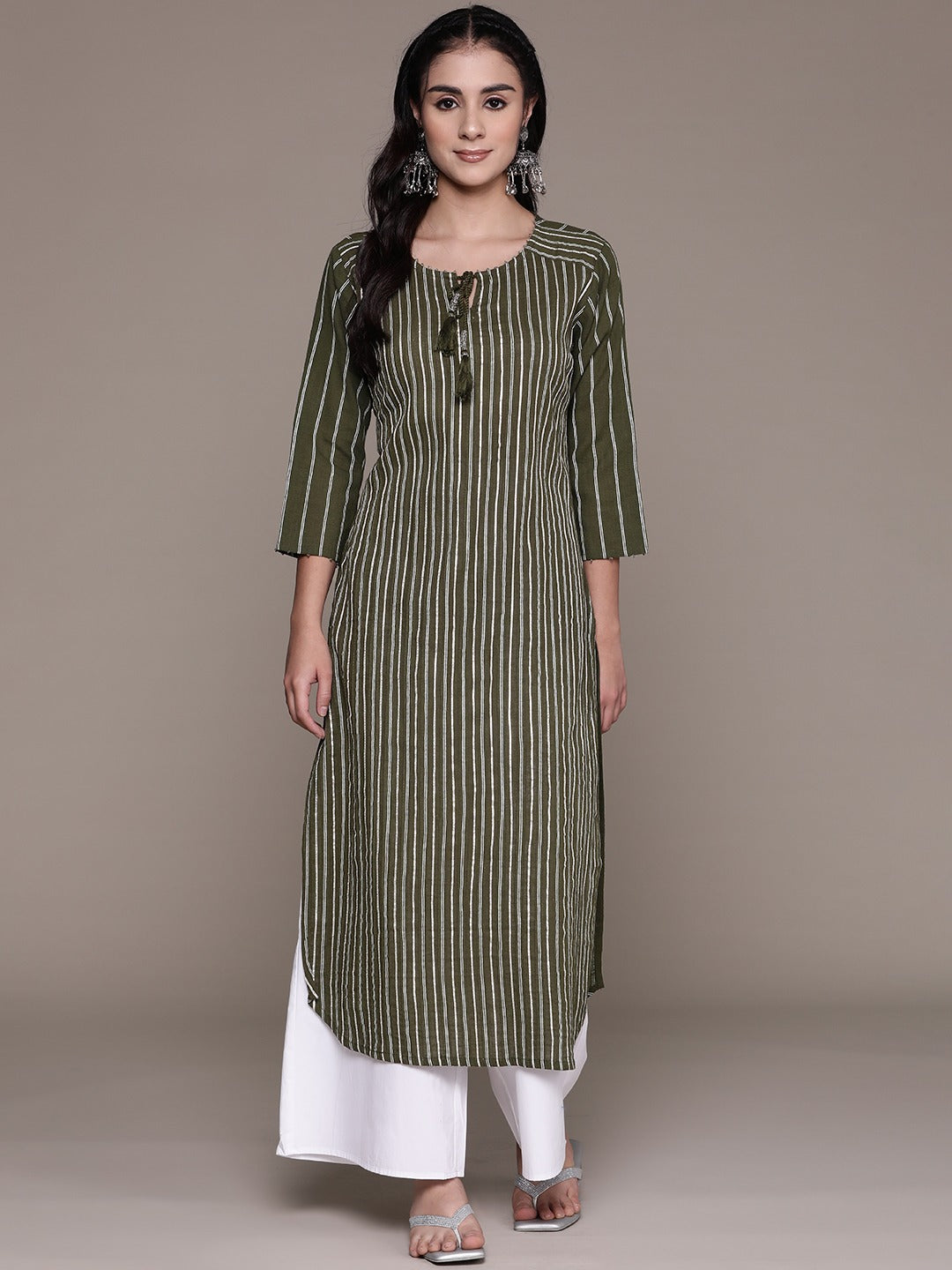 Straight Style Cotton Fabric Olive Green Color Kurti With Gota & Beads Work
