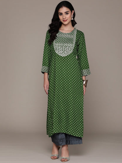 Straight Style Cotton Fabric Green Color Kurti With Zari, Thread & Mirror Work