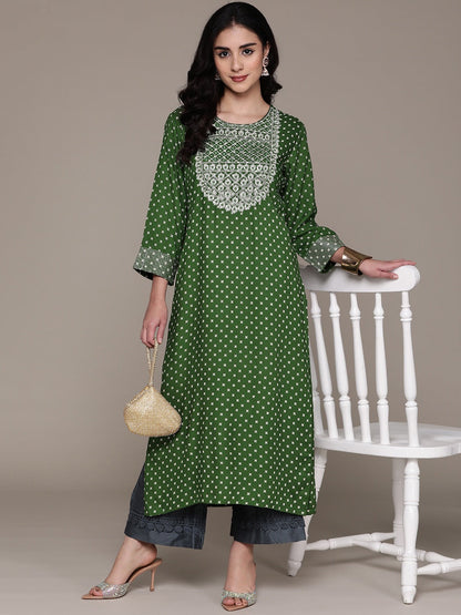 Straight Style Cotton Fabric Green Color Kurti With Zari, Thread & Mirror Work