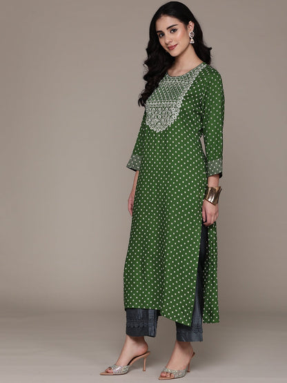 Straight Style Cotton Fabric Green Color Kurti With Zari, Thread & Mirror Work