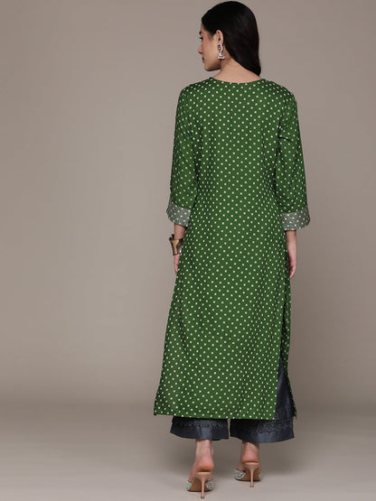 Straight Style Cotton Fabric Green Color Kurti With Zari, Thread & Mirror Work
