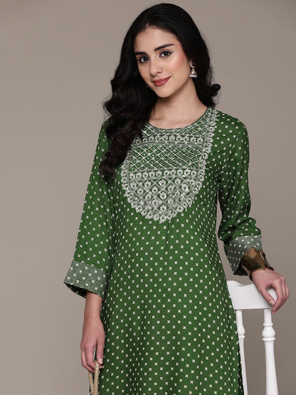 Straight Style Cotton Fabric Green Color Kurti With Zari, Thread & Mirror Work