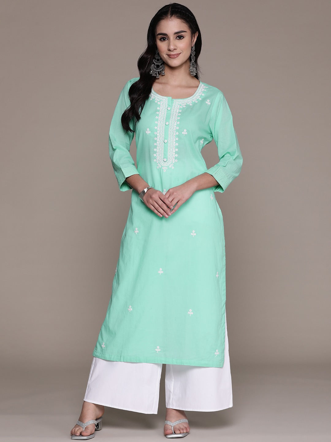 Straight Style Cotton Fabric Sea Green Color Kurti With Thread Sequence Work