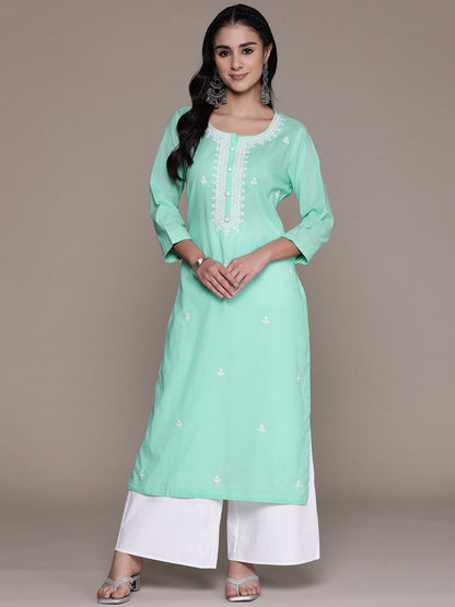 Straight Style Cotton Fabric Sea Green Color Kurti With Thread Sequence Work