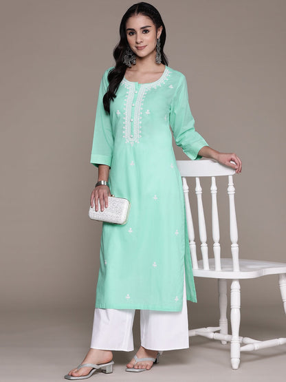 Straight Style Cotton Fabric Sea Green Color Kurti With Thread Sequence Work