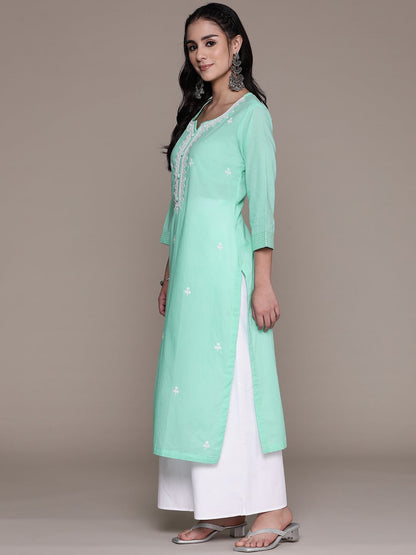 Straight Style Cotton Fabric Sea Green Color Kurti With Thread Sequence Work