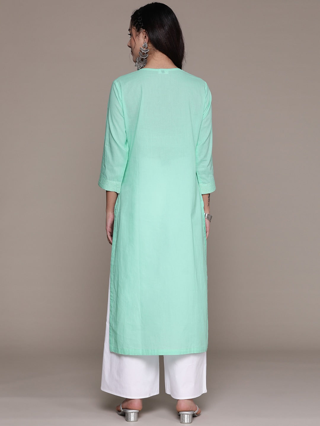 Straight Style Cotton Fabric Sea Green Color Kurti With Thread Sequence Work