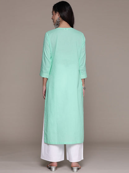 Straight Style Cotton Fabric Sea Green Color Kurti With Thread Sequence Work