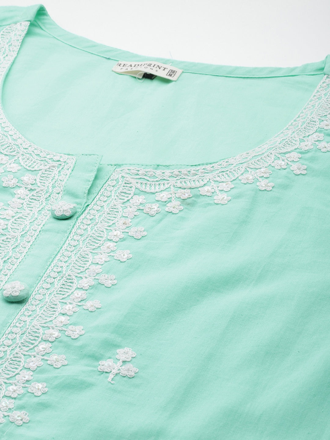 Straight Style Cotton Fabric Sea Green Color Kurti With Thread Sequence Work