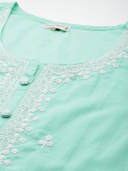 Straight Style Cotton Fabric Sea Green Color Kurti With Thread Sequence Work