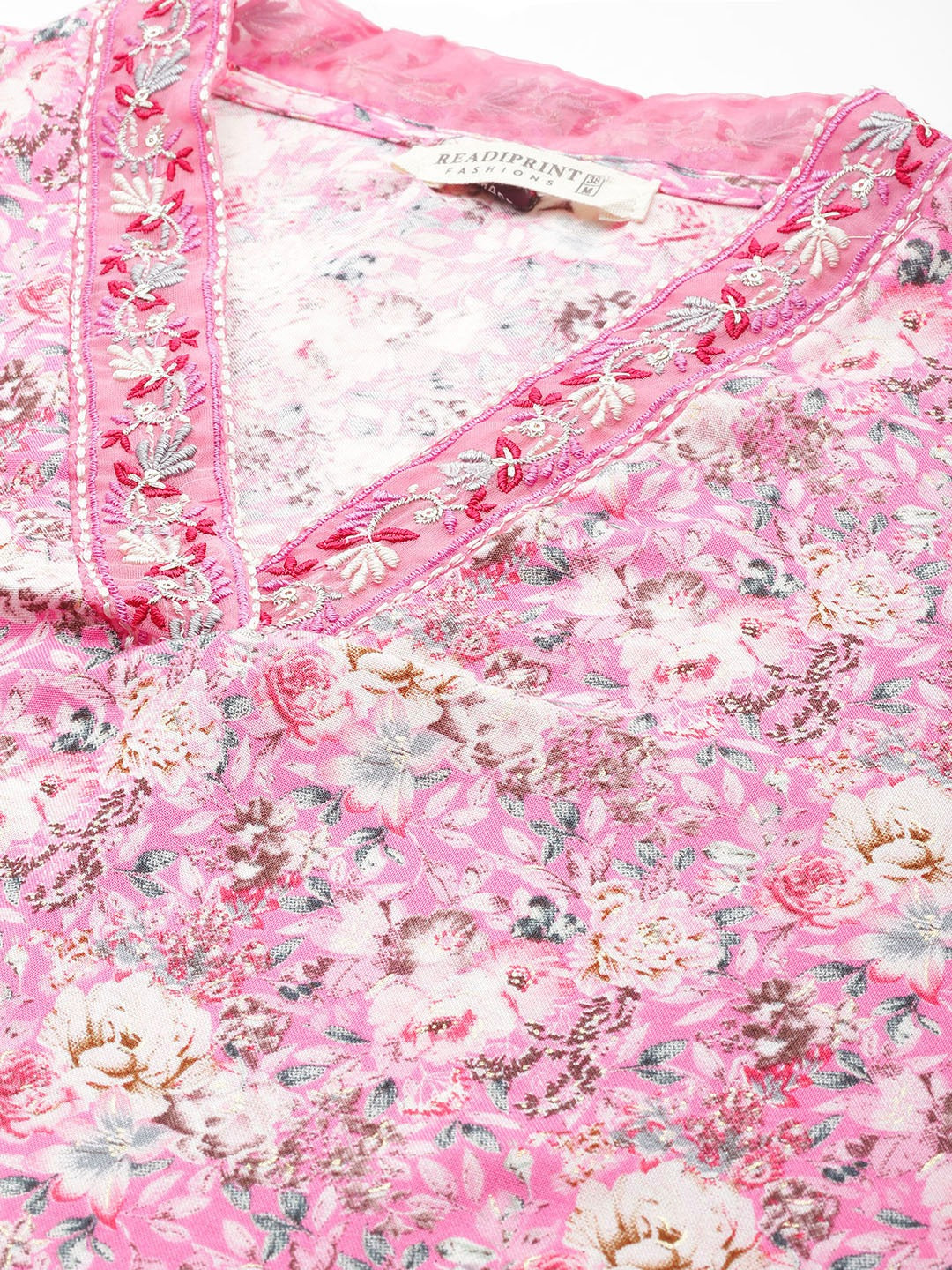 Straight Style Silk Fabric Pink Color Kurti With Thread & Floral Printed Work