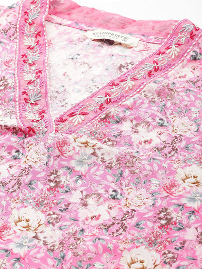 Straight Style Silk Fabric Pink Color Kurti With Thread & Floral Printed Work