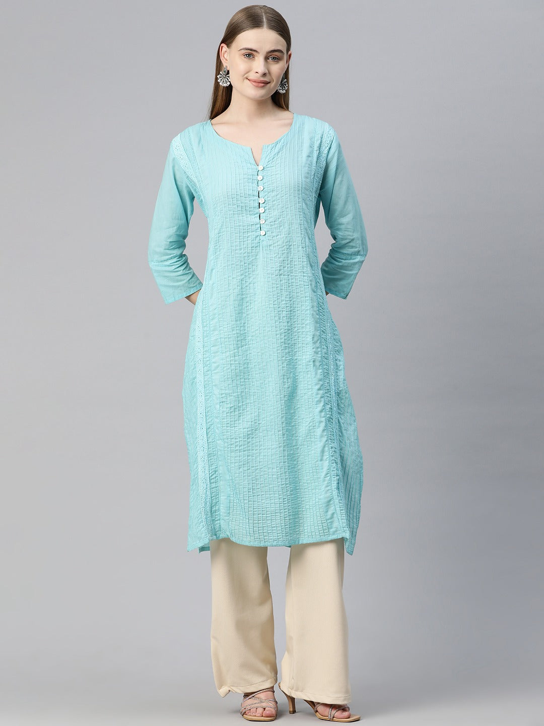 Straight Style Cotton Fabric Turquoise Blue Color Kurti With Lace Work