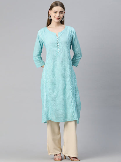 Straight Style Cotton Fabric Turquoise Blue Color Kurti With Lace Work