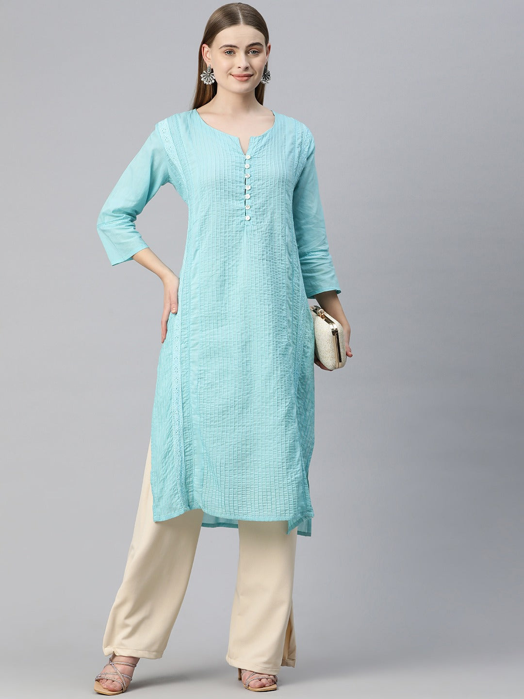 Straight Style Cotton Fabric Turquoise Blue Color Kurti With Lace Work