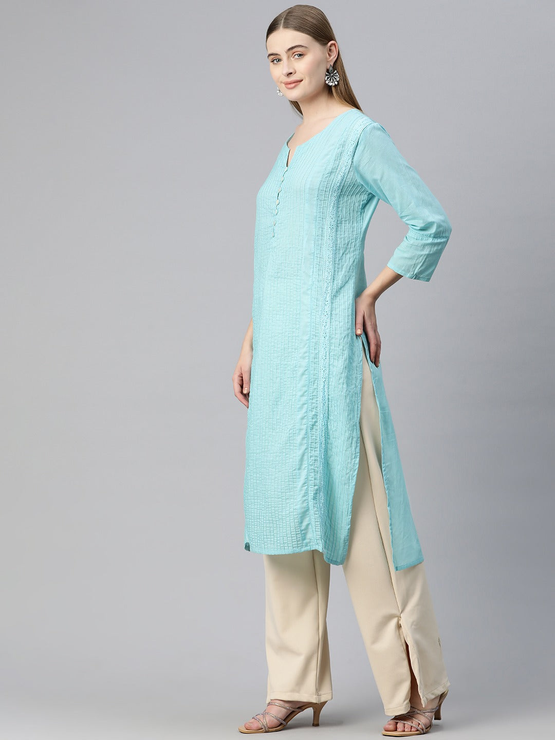 Straight Style Cotton Fabric Turquoise Blue Color Kurti With Lace Work