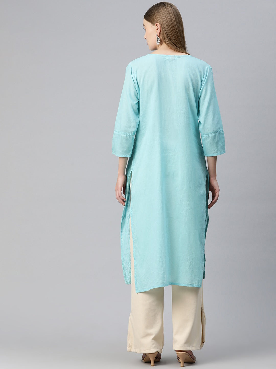 Straight Style Cotton Fabric Turquoise Blue Color Kurti With Lace Work