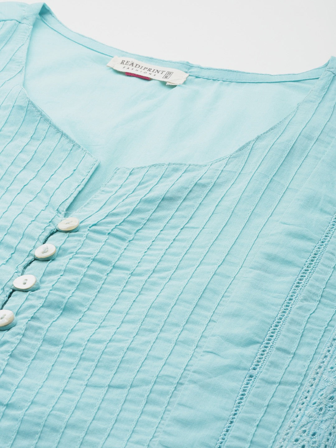 Straight Style Cotton Fabric Turquoise Blue Color Kurti With Lace Work