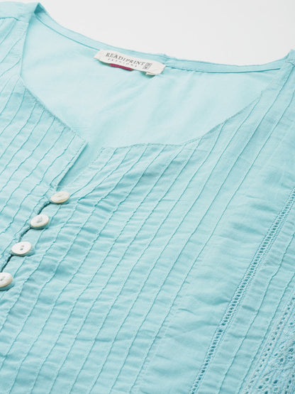 Straight Style Cotton Fabric Turquoise Blue Color Kurti With Lace Work