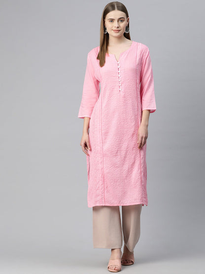 Straight Style Cotton Fabric Pink Color Kurti With Lace Work