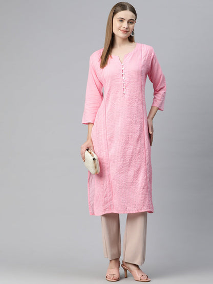 Straight Style Cotton Fabric Pink Color Kurti With Lace Work