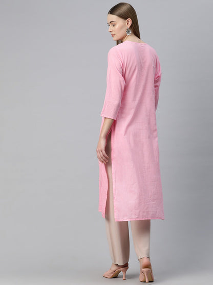 Straight Style Cotton Fabric Pink Color Kurti With Lace Work