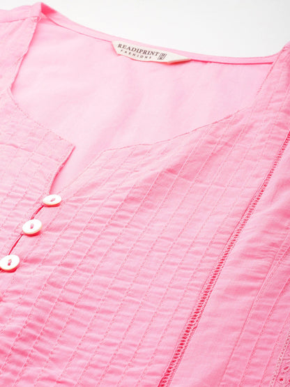Straight Style Cotton Fabric Pink Color Kurti With Lace Work