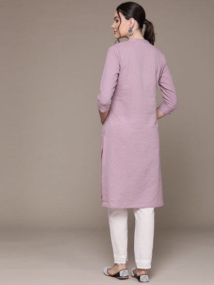 Aline Style Cotton Fabric Mauve Color Kurta With Weaved Work