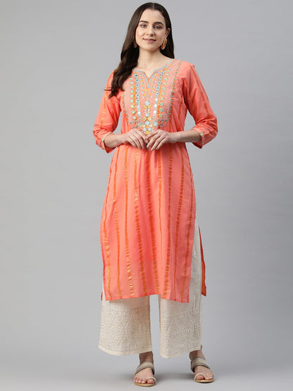 Straight Style Cotton Fabric Orange Color Kurti With Embroidered & Foil Print Work