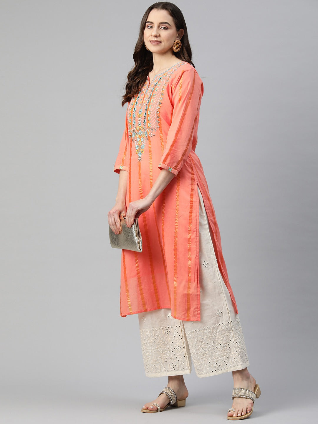 Straight Style Cotton Fabric Orange Color Kurti With Embroidered & Foil Print Work
