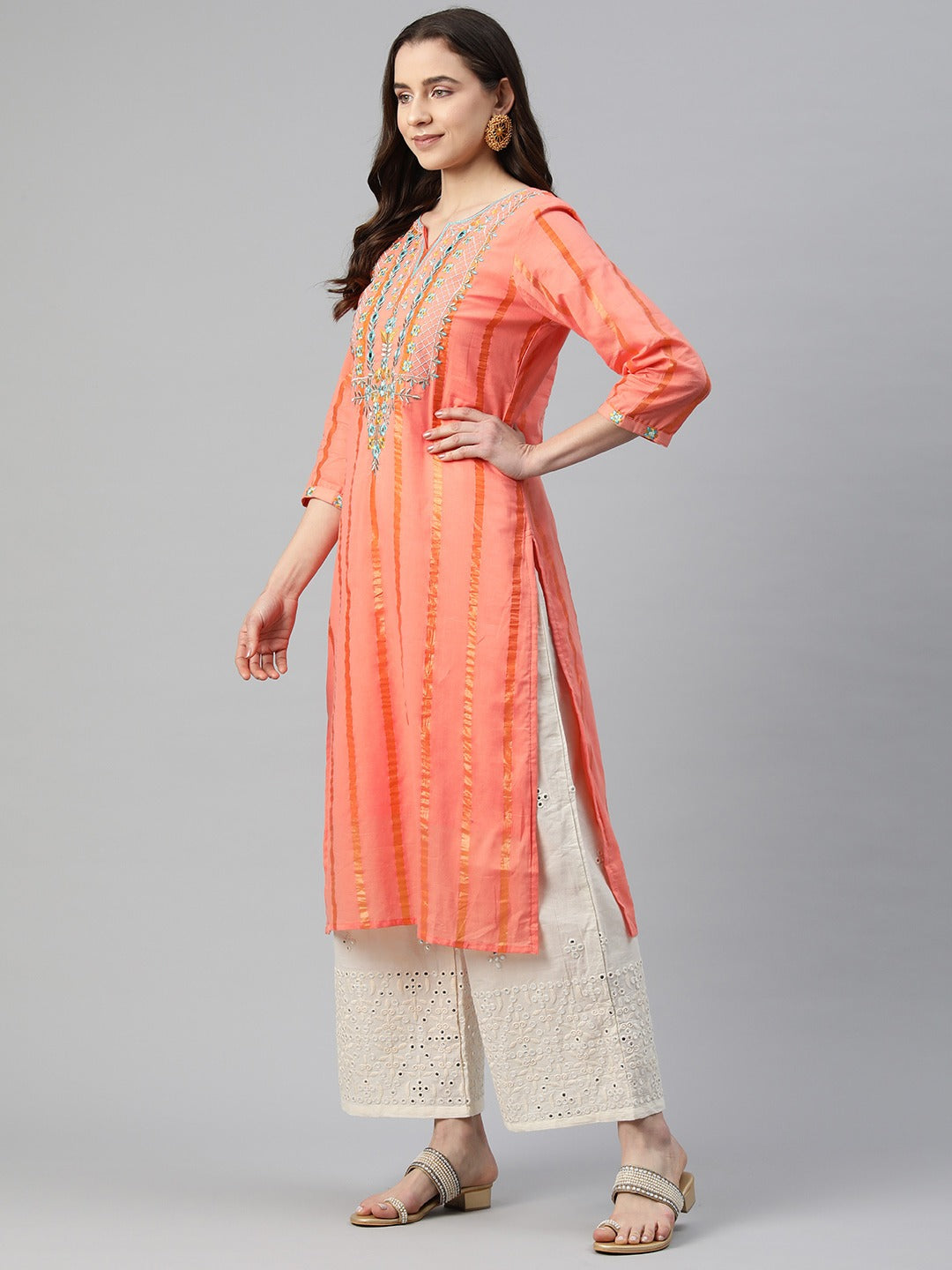 Straight Style Cotton Fabric Orange Color Kurti With Embroidered & Foil Print Work